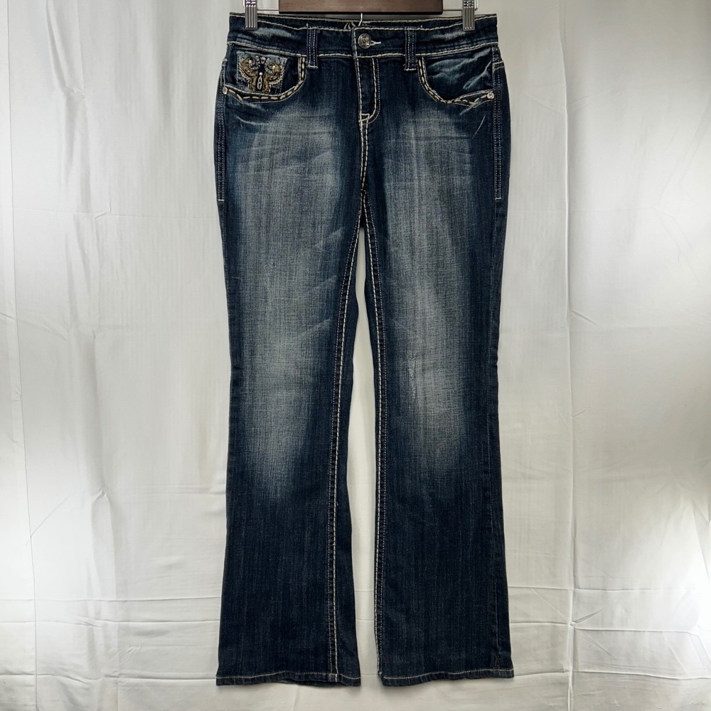 Cello Bootcut Jeans Womens 8 Dark Blue Wash Rhinestone Fleur De Lis Y2K Western
